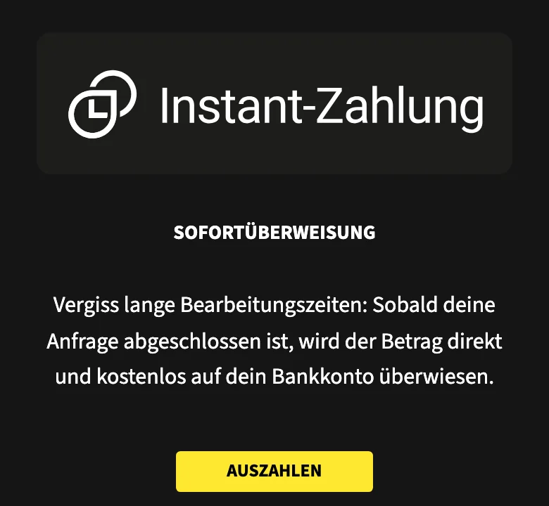 Swiss4Win nennt seine Instant-Auszahlung «Sofortüberweisung»: Betrag direkt und kostenlos auf das Bankkonto, mobile Ansicht