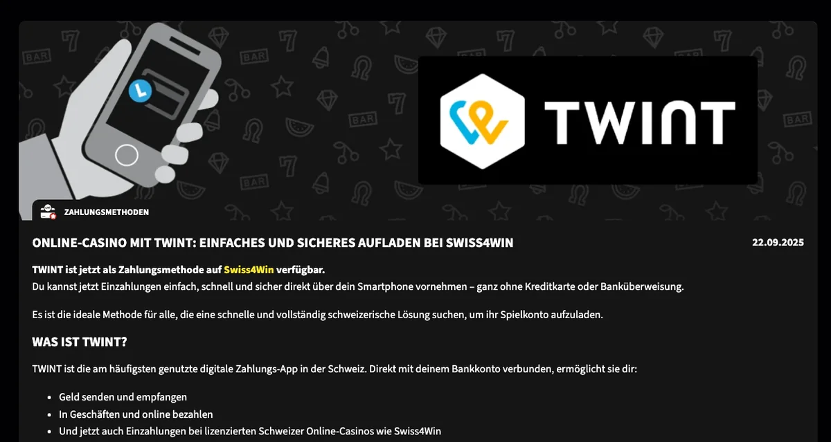 Meldung von Swiss4Win zur Einführung von TWINT, 22. September 2025