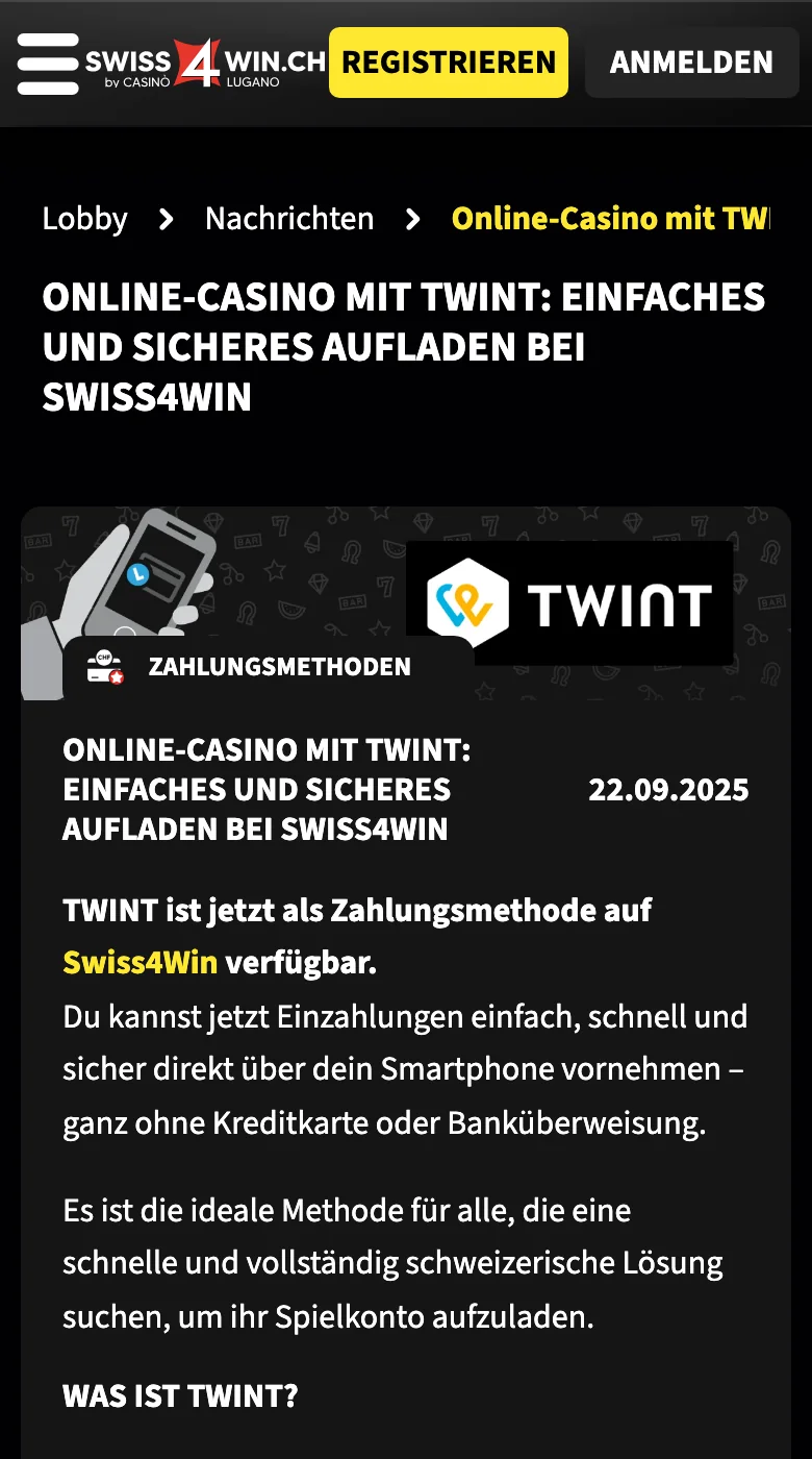 TWINT-Einzahlung bei Swiss4Win in der mobilen Ansicht, Stand Oktober 2026