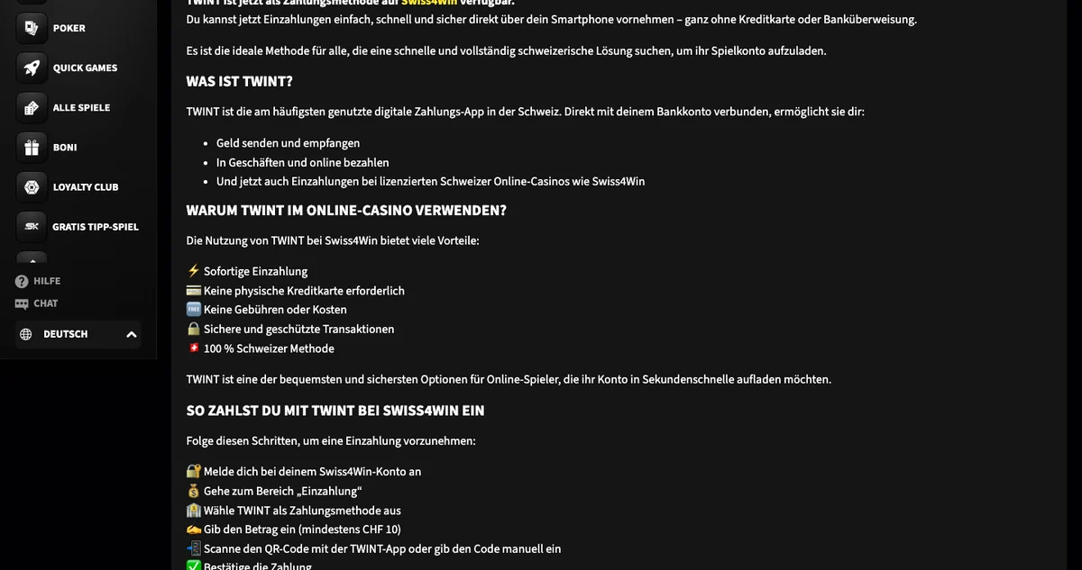TWINT-Meldung von Swiss4Win: Vorteile der Zahlung und die Schritte der Einzahlung ab CHF 10