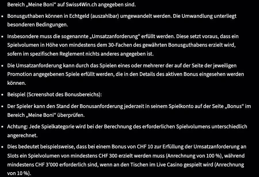 Bonusbedingungen von Swiss4Win: CHF 10 Bonus verlangen CHF 300 Einsatz an Slots oder CHF 3'000 im Live Casino, Stand Oktober 2026
