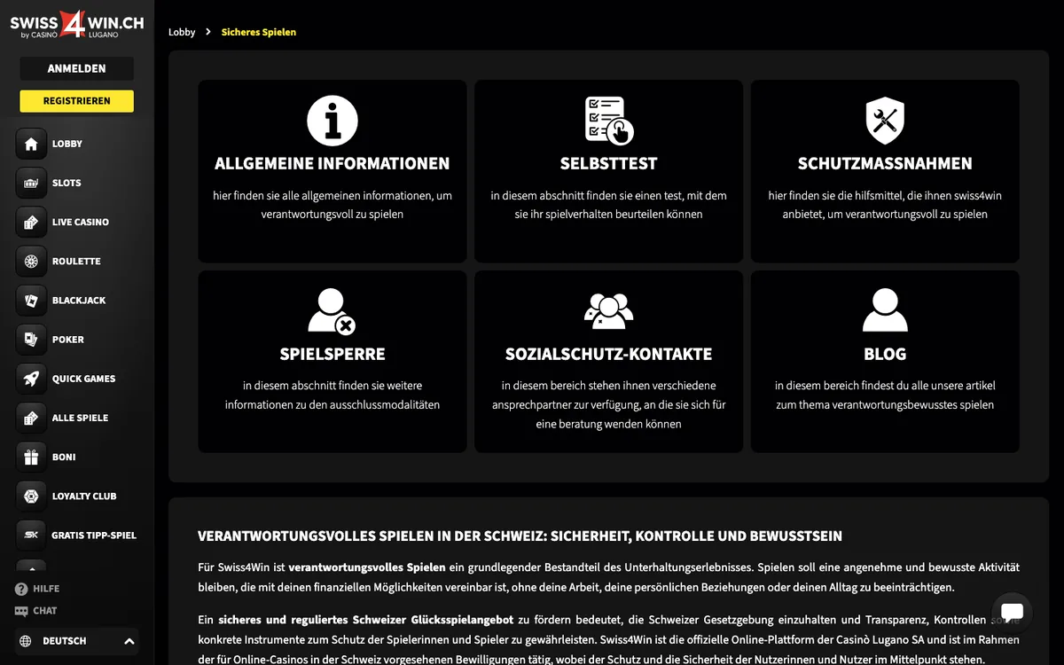 Seite zum verantwortungsvollen Spielen von Swiss4Win mit Selbsttest und Spielsperre