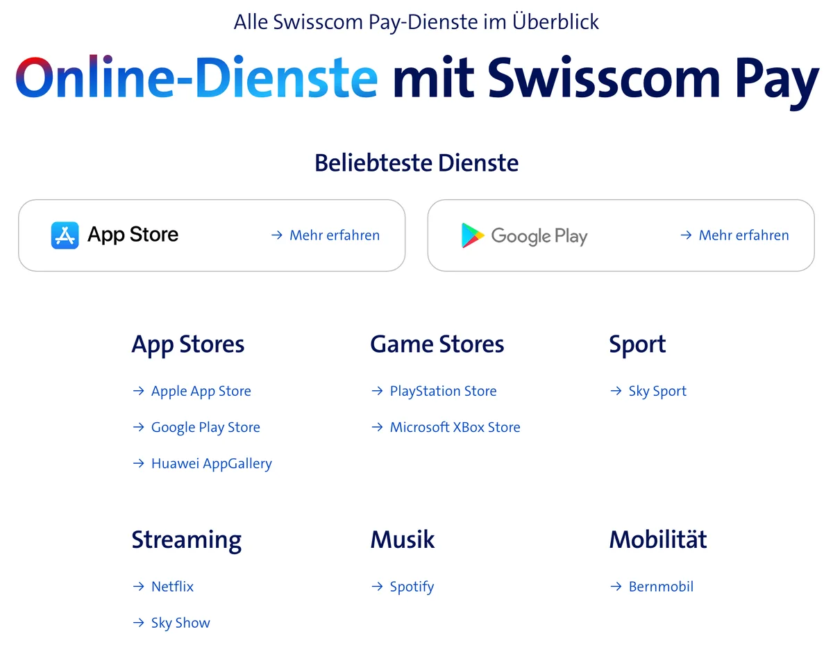 Online-Dienste mit Swisscom Pay: App Stores, Game Stores, Sky Sport, Netflix, Spotify und Bernmobil
