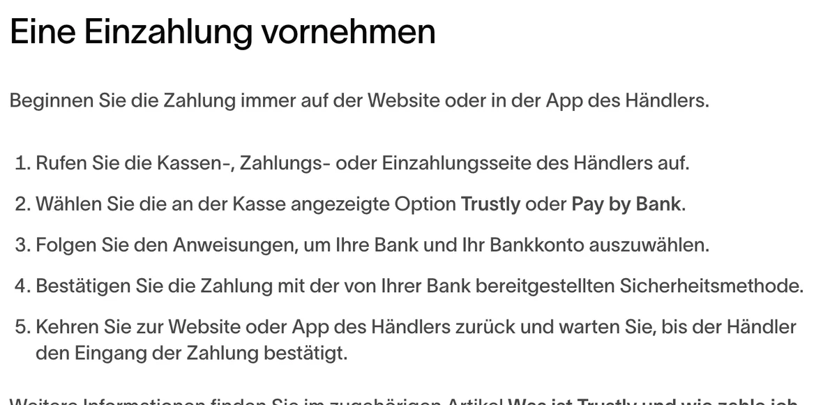Hilfeartikel von Trustly: Einzahlung über die Option Trustly oder Pay by Bank an der Kasse eines Glücksspielanbieters in fünf Schritten