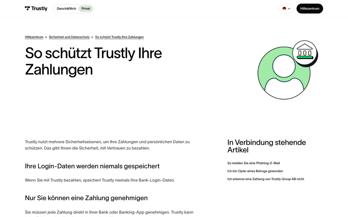 Hilfeartikel «So schützt Trustly Ihre Zahlungen»: Login-Daten werden nicht gespeichert, jede Zahlung wird in der Bank freigegeben