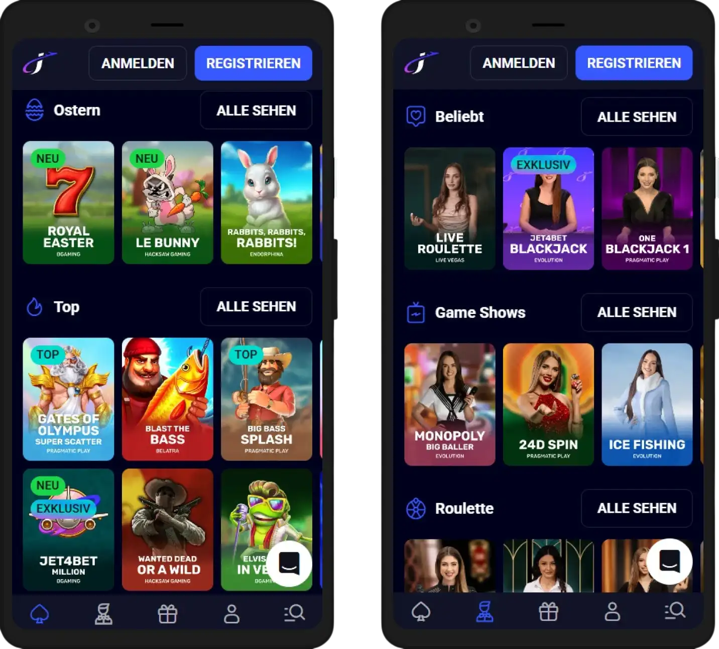 Jet4Bet Casino Mobile App Ansicht für Smartphone und Tablet