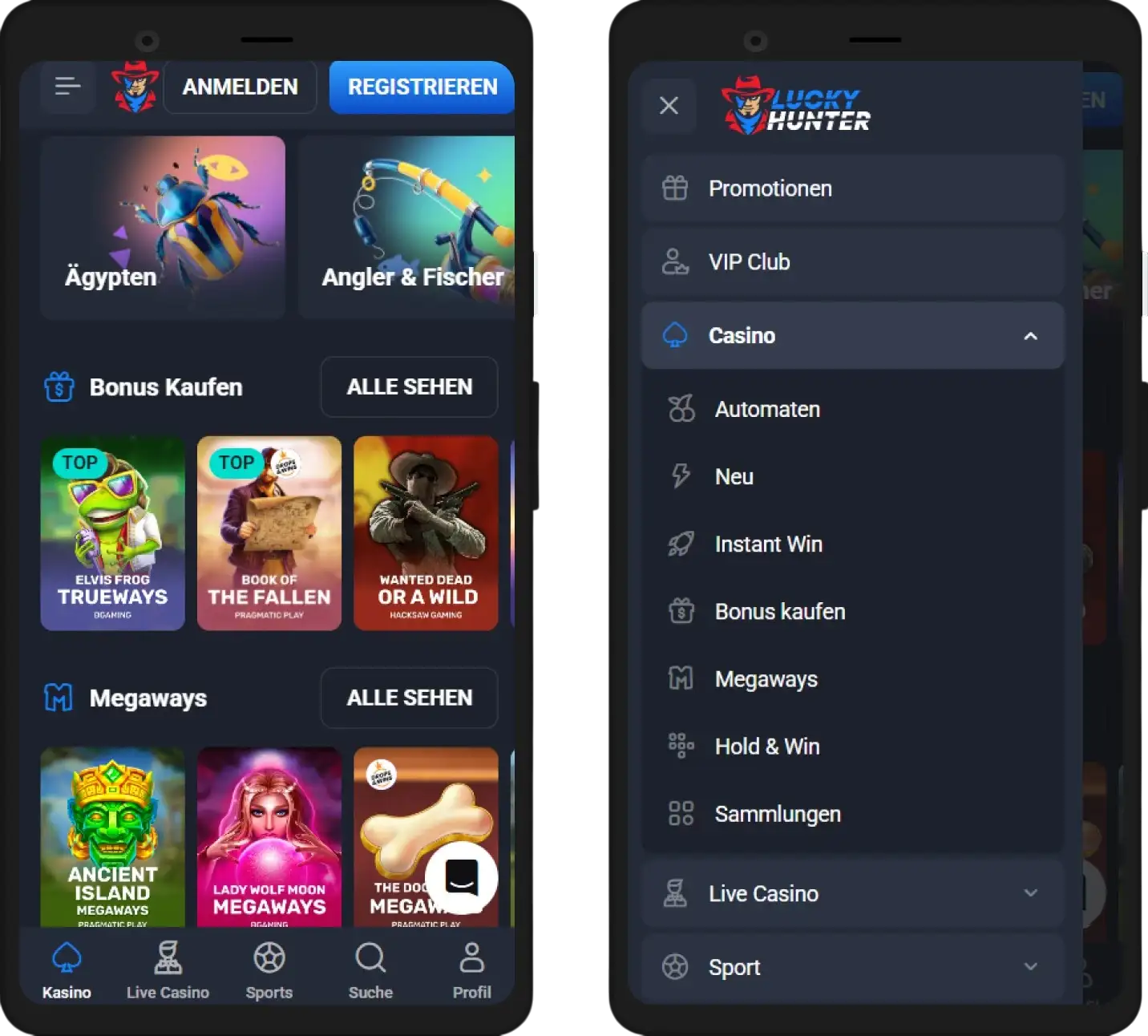 LuckyHunter Casino Mobile App Ansicht für Smartphone und Tablet