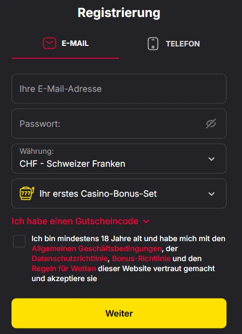 Registrierung im Vulkanspiele Casino für Schweizer Spieler